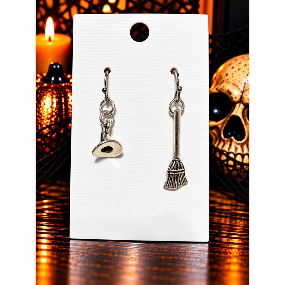Handmade Mismatched Witch Earrings Hat Broom Halloween Silver Dangles